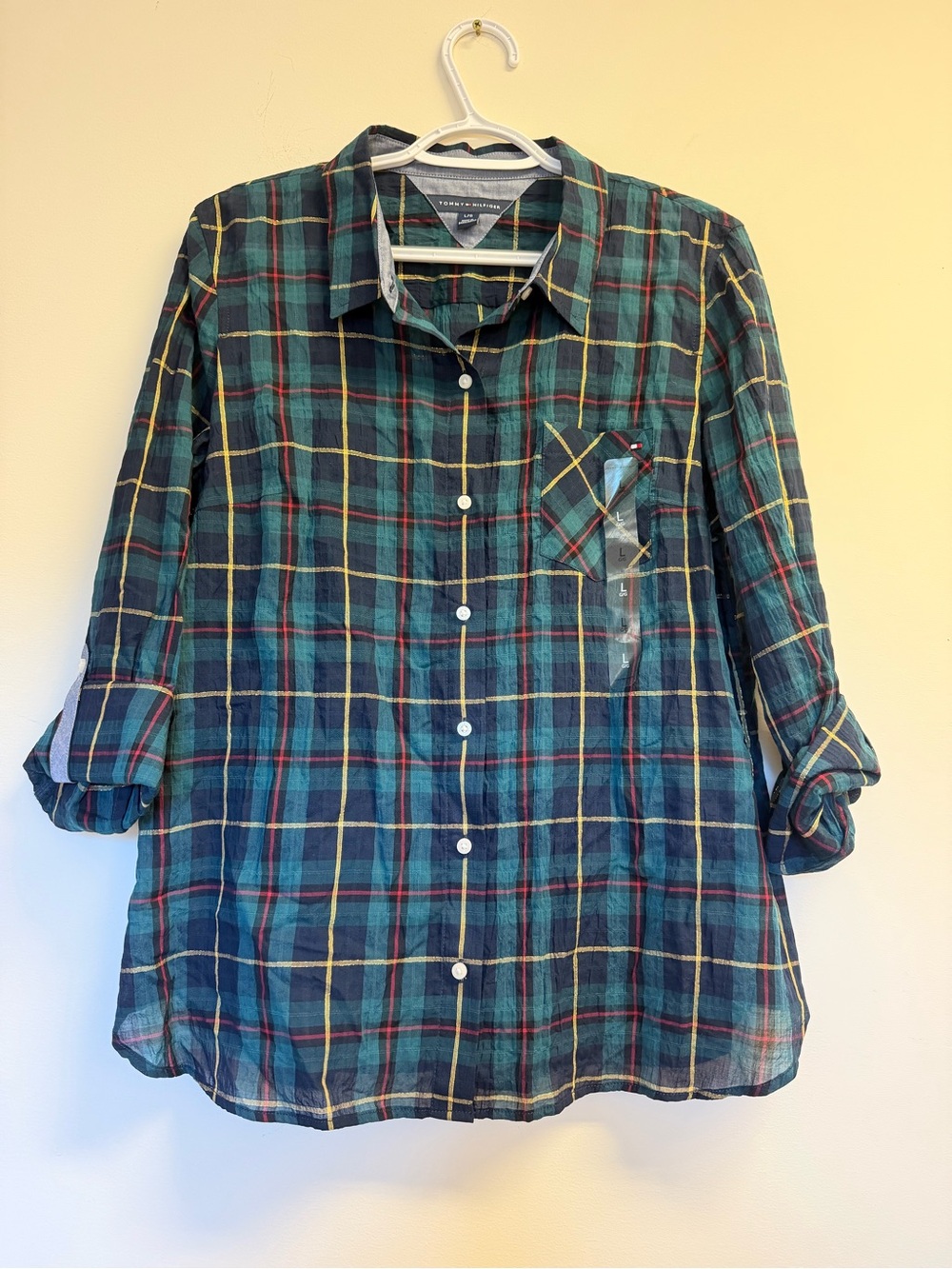 Tommy Hilfiger Green and Navy Plaid Button-Down Long Sleeve Shirt Large